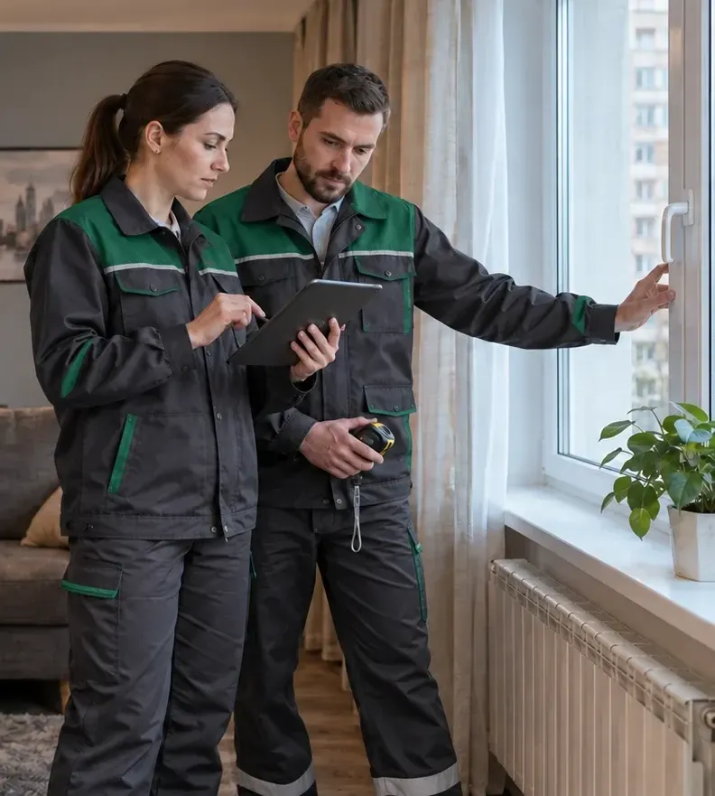 Два инженера обследуют окно и инженерные системы в квартире